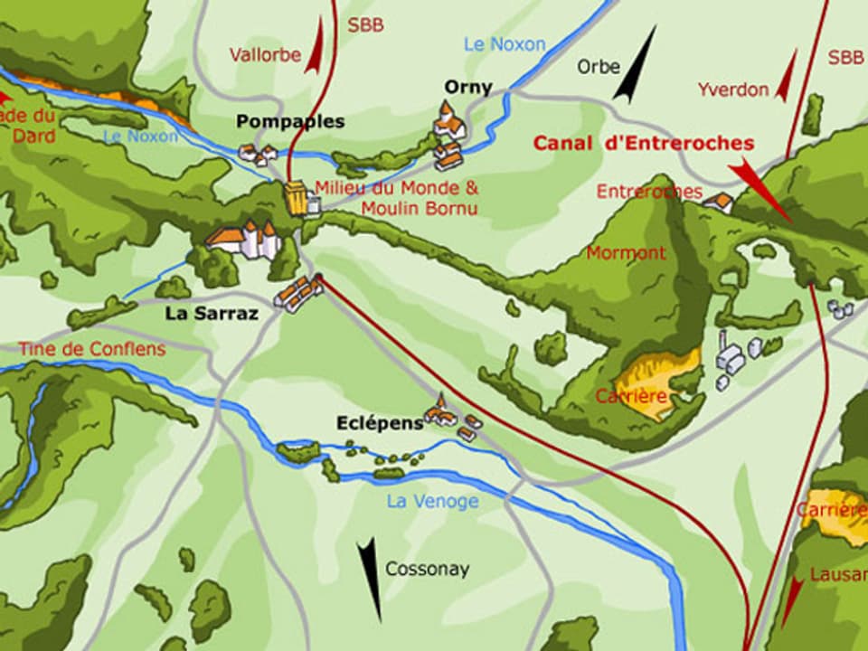 Ein Ausschnitt einer Karte um Pompables und Orny.