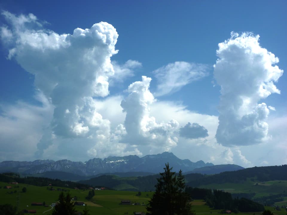 Über den Bergen des Alpsteins zeigen sich Quellwolken, im Hintergrund ist der Amboss einer grösseren Gewitterwolke zu sehen.