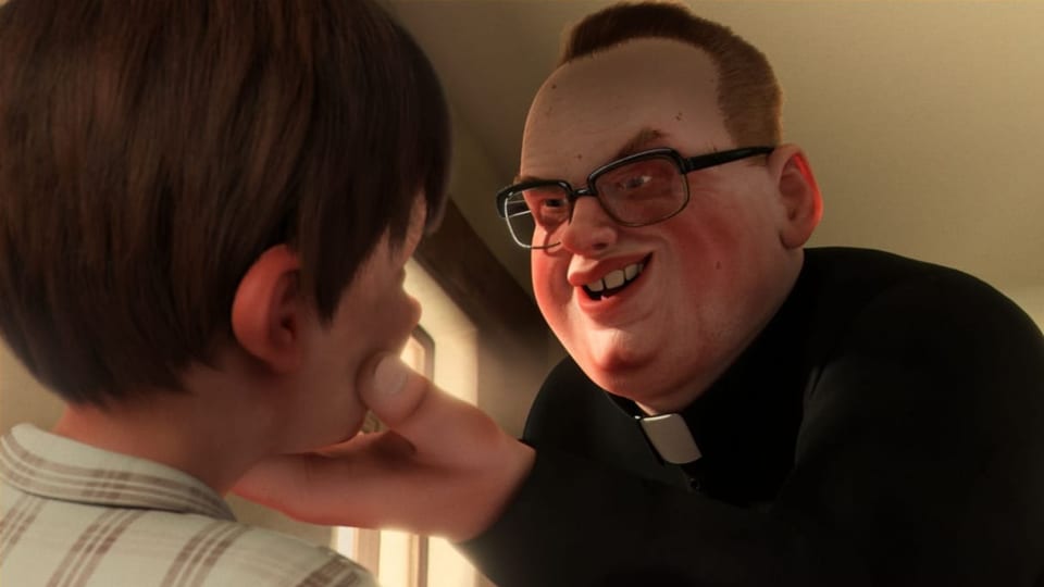 Animation: Pfarrer mit gemeinem Blick und Brille, kneift Junge ins Gesicht.