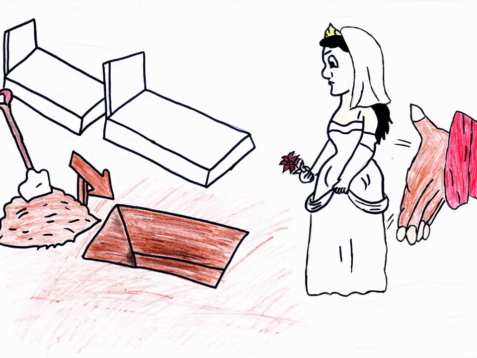 Eine mächtige Hand schiebt eine Mädchen-Braut in ein Grab.