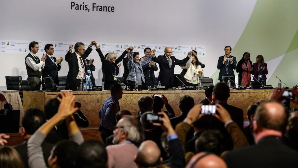 Abgeornete freuen sich über die Einigung zum Klimavertrag in Paris 2015