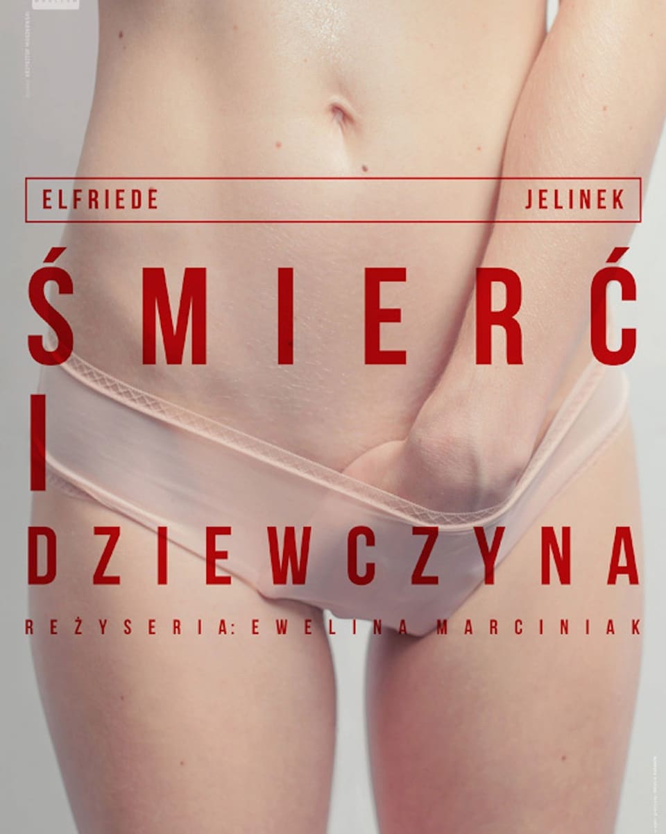 Frau mit Hand in der Unterhose, darauf polnischer Text.