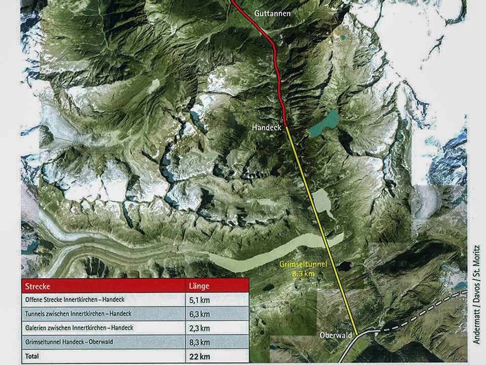 Luftbild mit der Streckenführung zwischen Guttannen und Oberwald.