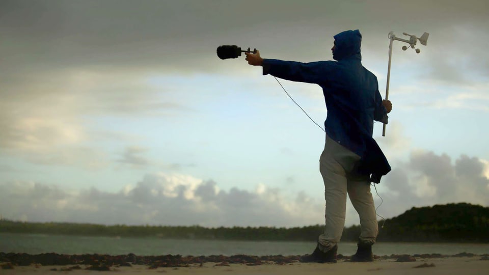 Ein Mann steht am Strand und hält ein Mikrofon richtung Meer. 