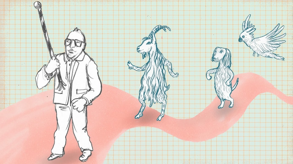 Zeichnung: Dürrenmatt geht vor einem Geissbock, einem Hund und einem Kakadu