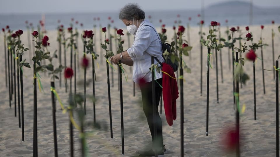 Eine Frau platziert eine Rose am Strand.