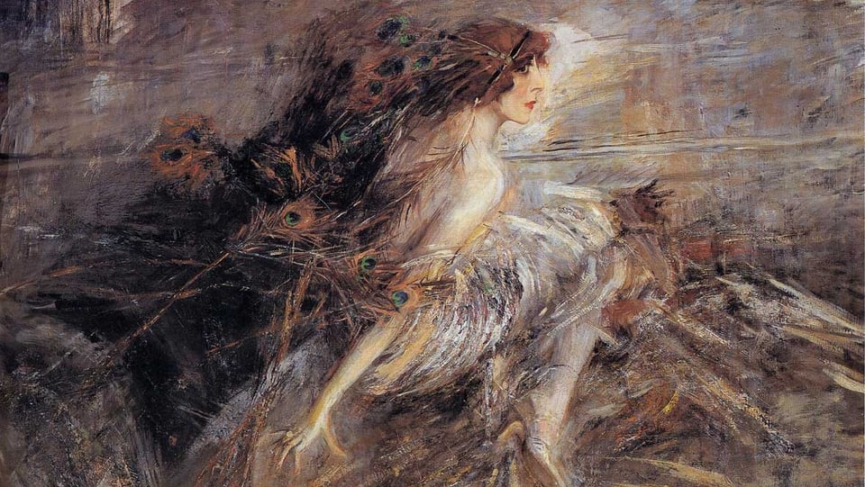 Gemälde, in Erdtönen, zeigt Luisa Casati 