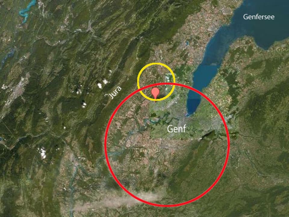 Der rote Kreis auf der Karte der Region Genf zeigt, wo der Tunnel für den künftigen Beschleuniger liegen könnte.