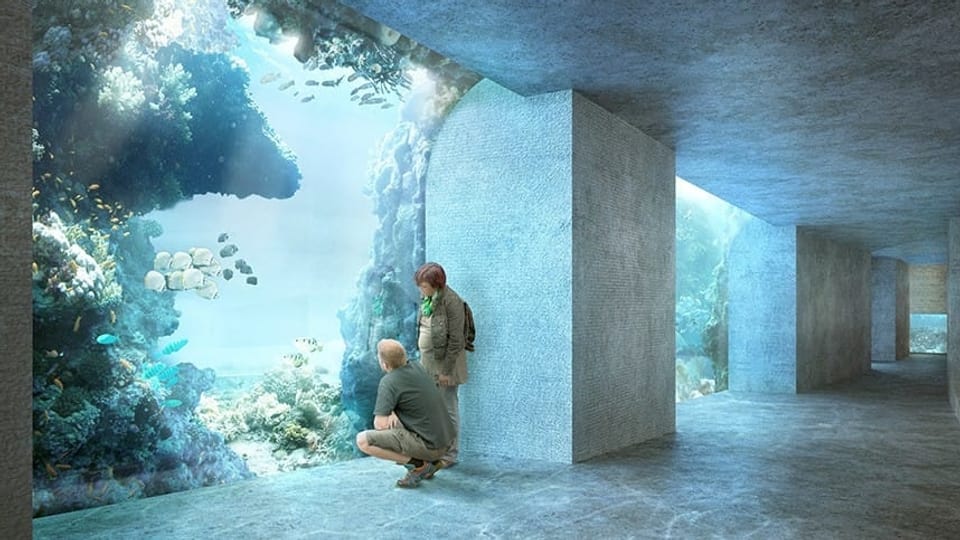 Visualisierung eines riesigen Aquariums, vor dem zwei Menschen knien.