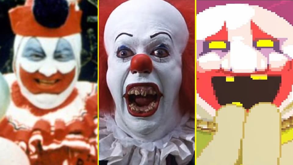 Die Portraits von drei unheimlichen Clowns.
