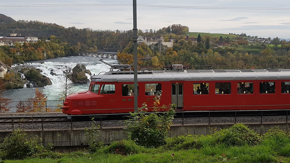 Der Rote Pfeil fährt oberhalb des Rheinfalls durch.