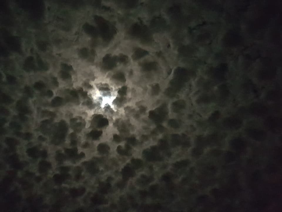 Schäfchenwolken am Nachthimmel mit Mond.