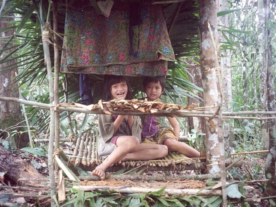 Penan Kinder vom Fluss Lipang sitzen in einem traditionellen, aus zusammengebundenen Aesten gebauten, Unterstand der Urwaldnomade