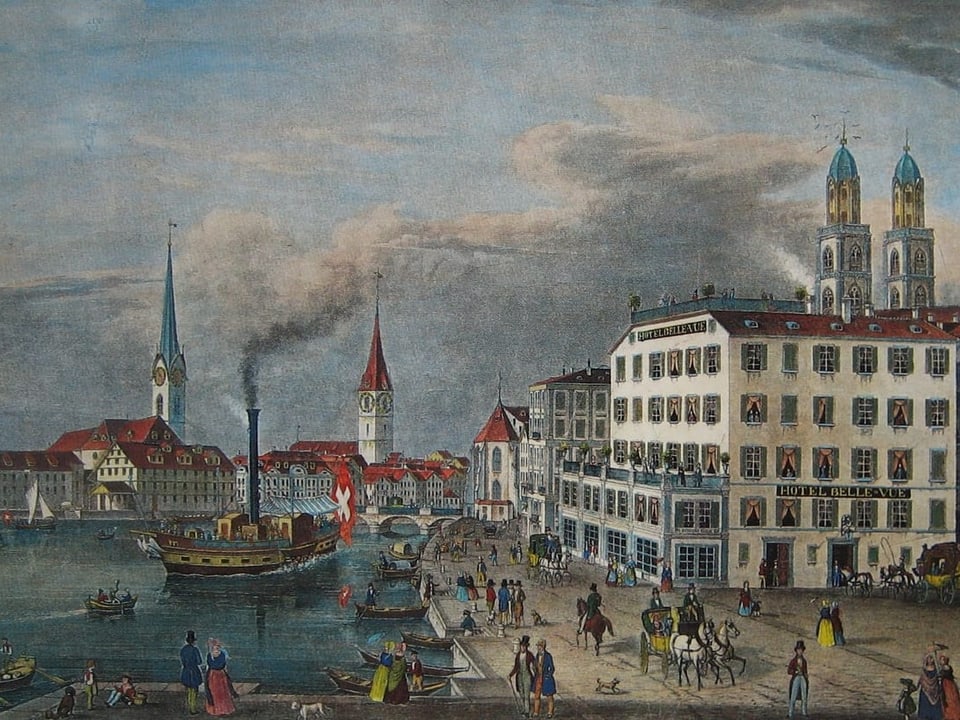 Farbiges Bild von der Schifflände in Zürich. Man sieht die Limmat und Häuser.