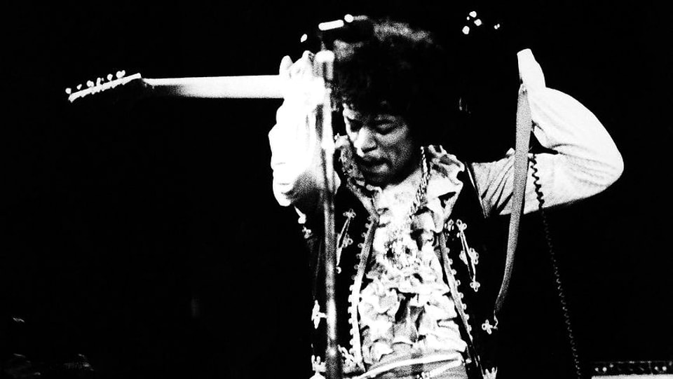 American rock guitarist Jimi Hendrix performing with The Jimi Hendrix Experience at the Monterey Pop Festival, California, USA, June 18, 1967.