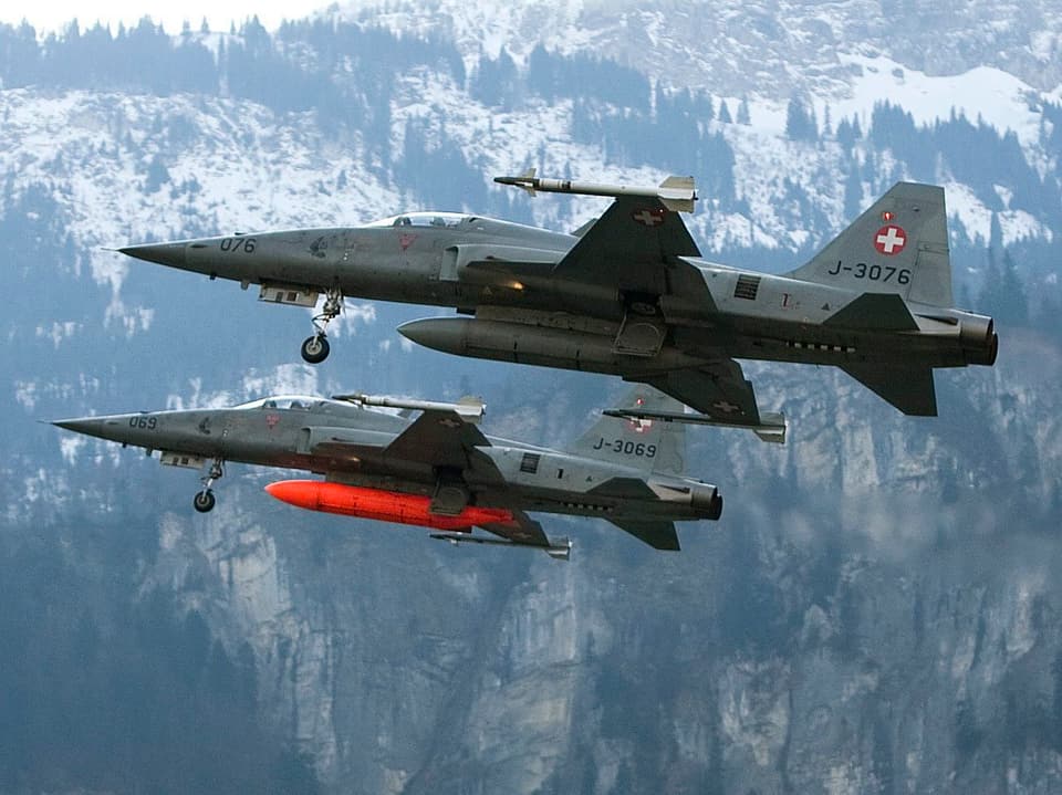 Zwei Tiger-Kampfflugzeuge in der Luft vor einer Bergwand.