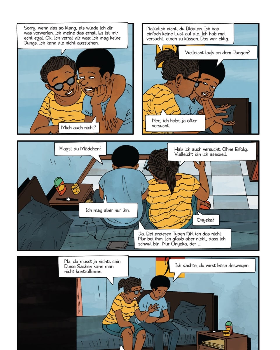 Comicseite: Eine Frau und ein Jugendlicher unterhalten sich auf einem Bett