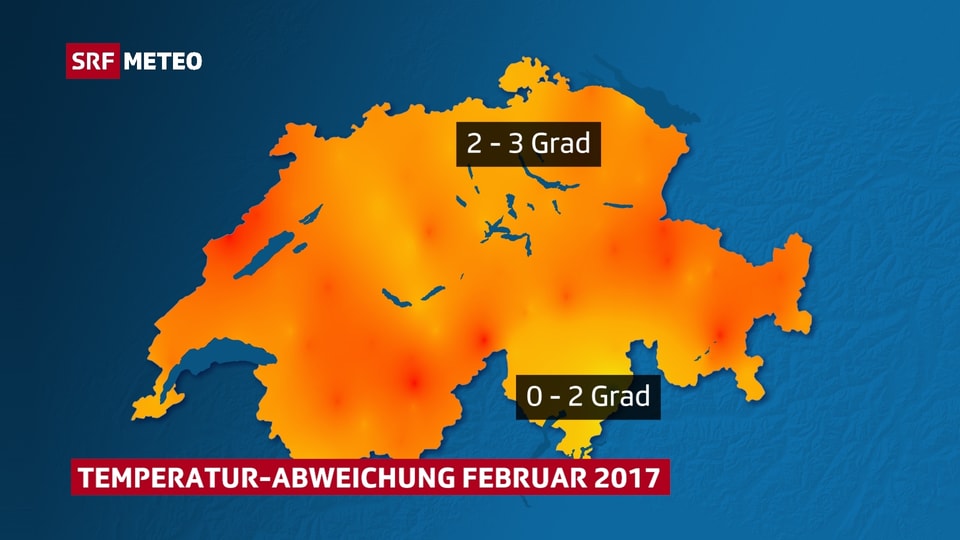 Schweizer Karte, Orange Farbtöne, darauf die die Temperaturabweichung