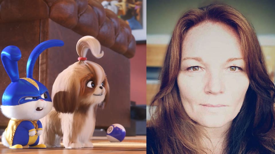 Zusammengeschnitten: Ein Bild aus dem Animationsfilm mit einem Hasen und einem Hund sowie die Porträtaufnahme einer Frau mit langen Haaren.