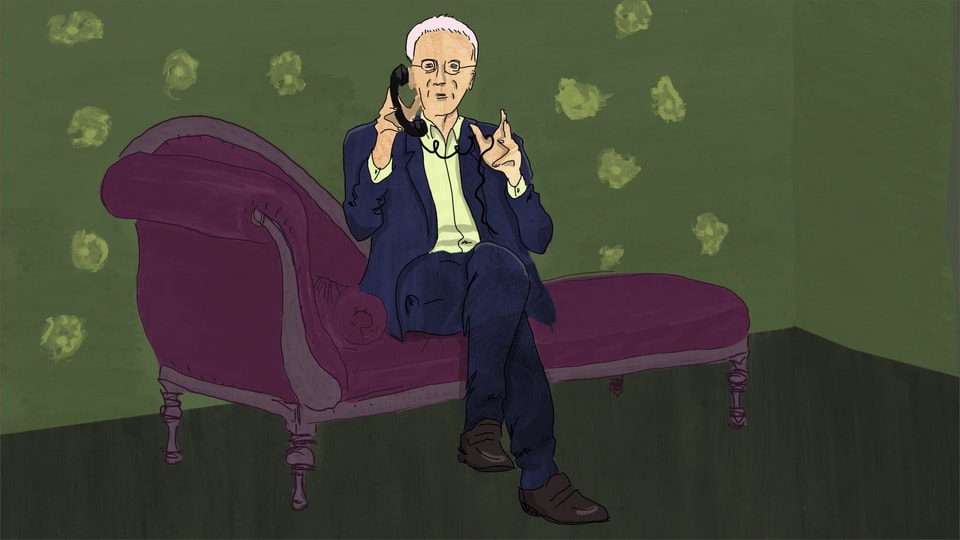 Illustration eines älteren Herrn mit Bille und weissem Haar, der auf einer violetten Chaiselongue sitzt und telefoniert.