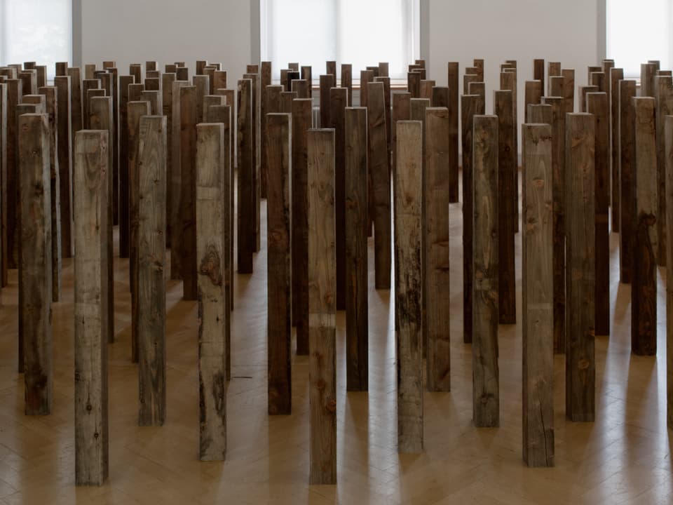 Mehrere Dutzend Holzstäbe sind in einem leeren Raum aufgereiht.