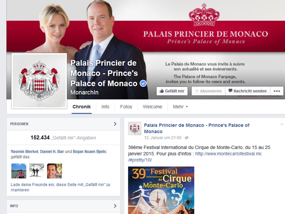Screenshot der Facebook-Seite des Fürstenpaares von Monaco.