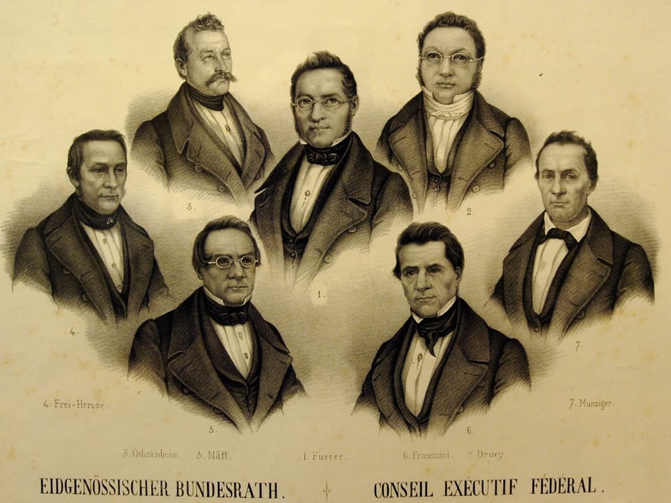 Franscini im ersten Bundesrat der Schweiz 1848 (vorne rechts) 