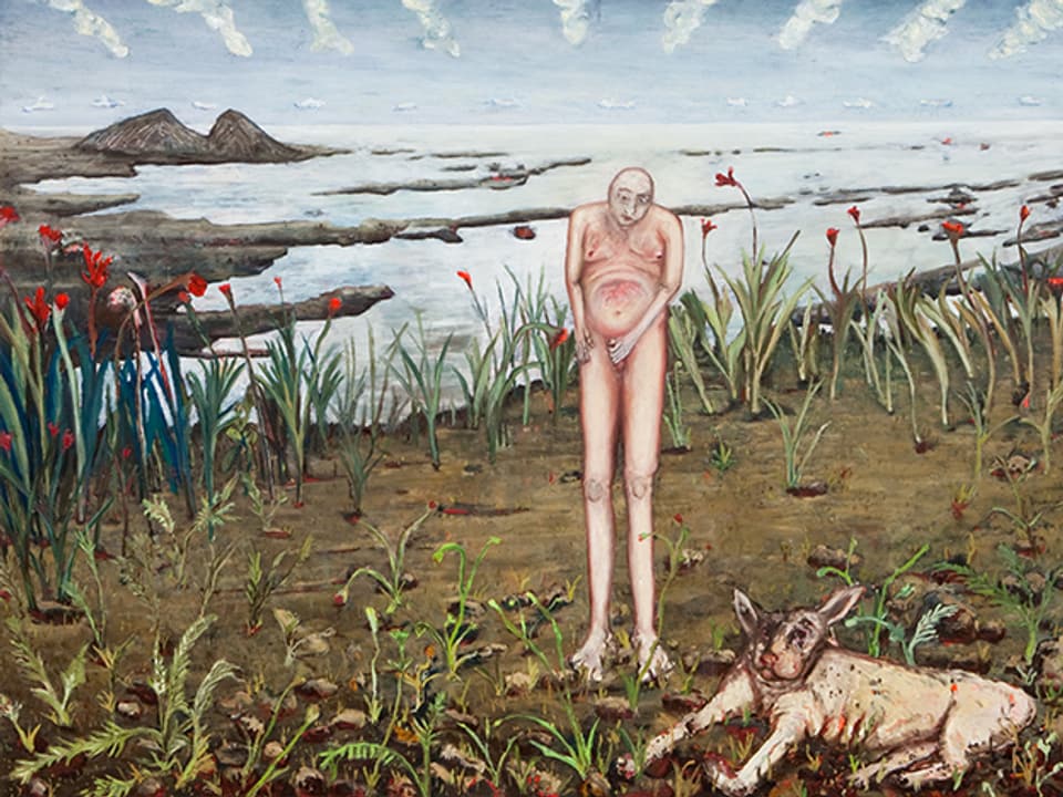Malerei: Nackter Mann und Hund in einer Landschaft. 