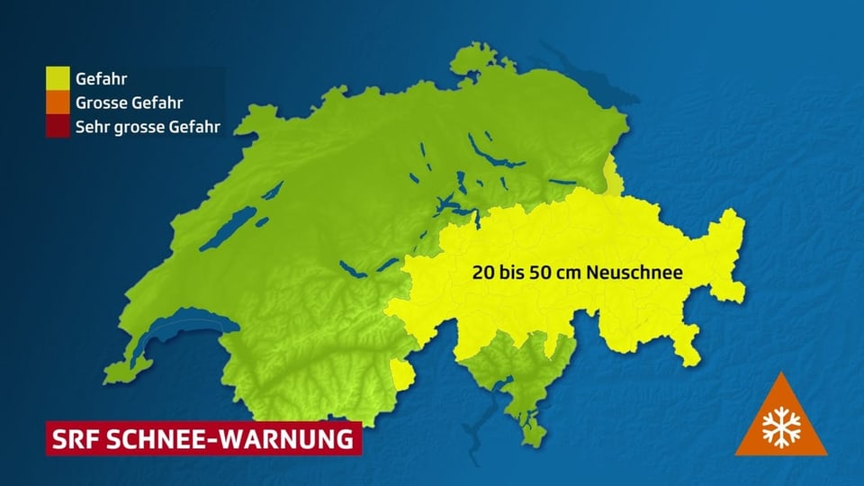 Eine Karte der Schweiz – In den zentralen und östlichen Alpen ist eine Warnung eingezeichnet.