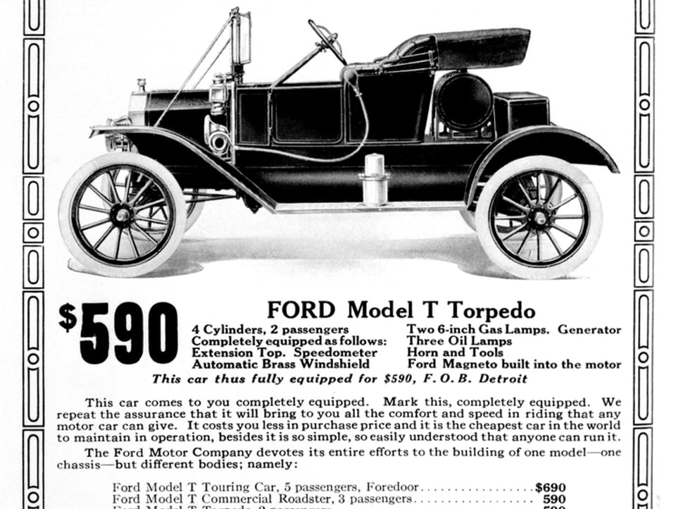 Eine Werbung in einer Zeitschrift fürs Model T, das damals 590 Dollar kostete.