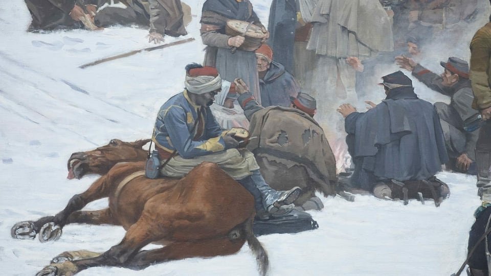 Gemälde-Ausschnitt: Soldat mit Turban sitzt auf totem Pferd