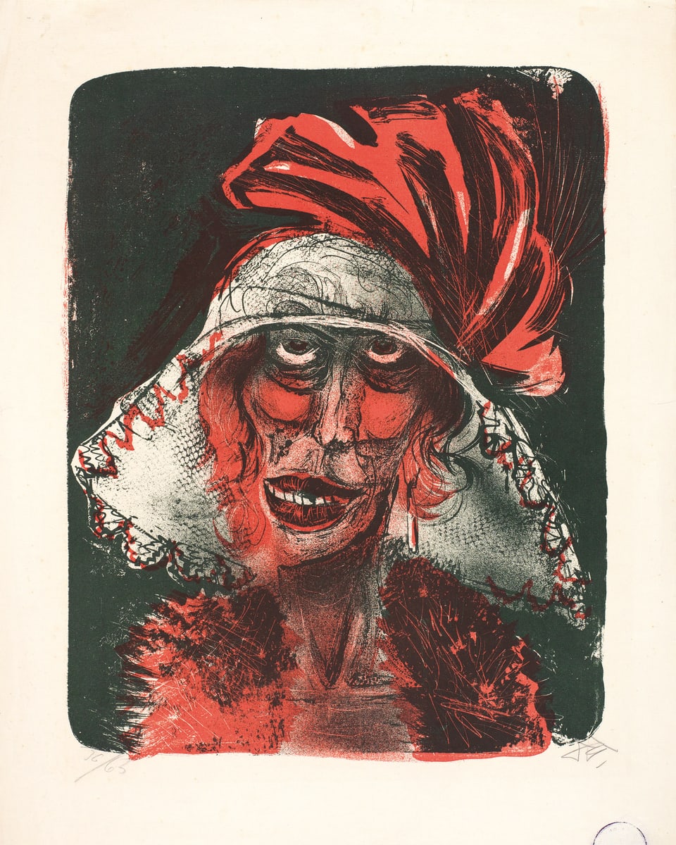Porträt einer Frau. Sie ist in Rottönen dargestellt, ihr Hut und der Hintergrund sind in Dunkelgrün gehalten. 