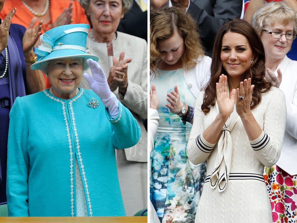 Collage: DIe Queen und Kate jeweils als Zuschauer bei Wimbledon. 