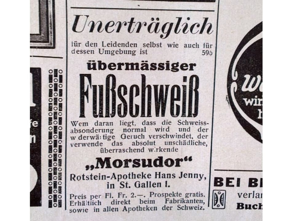 Inserat aus Schweizer Illustrierten: Mittel gegen übermässigen Fussschweiss
