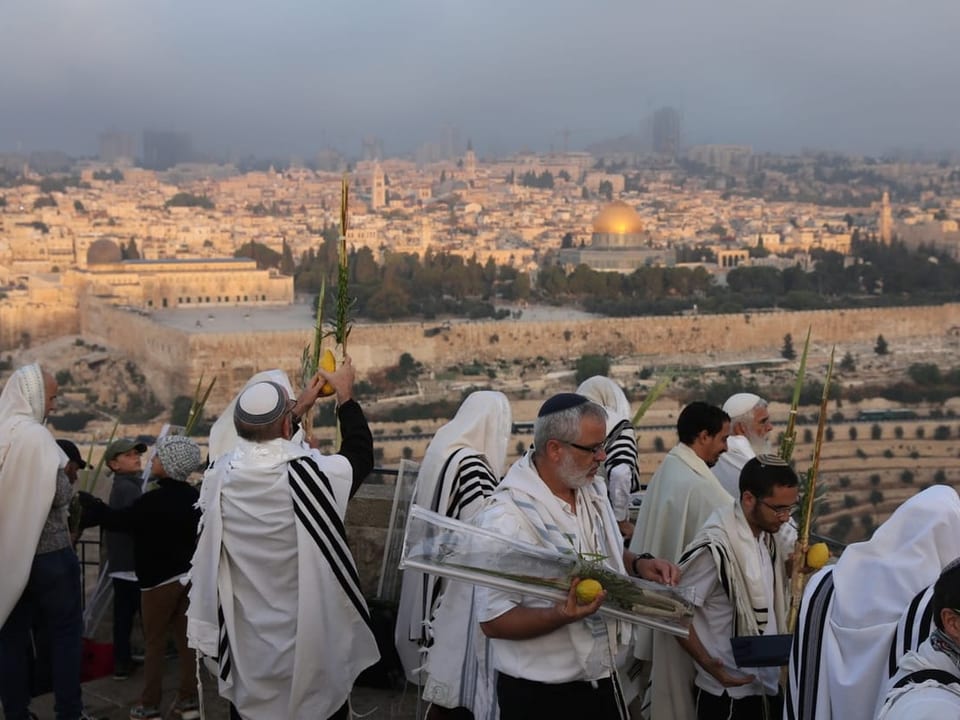 Auf einem Berg mit Blick über die Stadt Jerusalem, beten mehrere Personen in weissen Gewändern