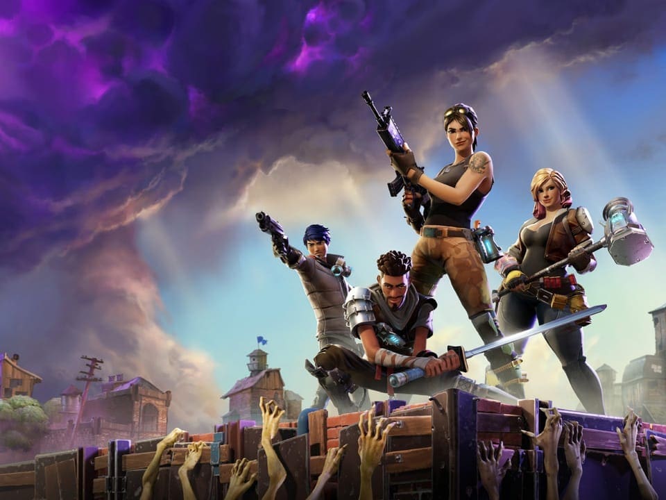 Videospiel-Screenshot von vier Charakteren, die auf einem Podest stehen, im Hintergrund dunkle lila Wolken.