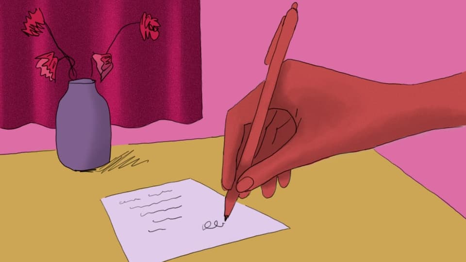 Illustration Hand hält Stift, unten ein weisses Blatt mit Unterschrift, es liegt auf einem gelben Tisch mit Vase.