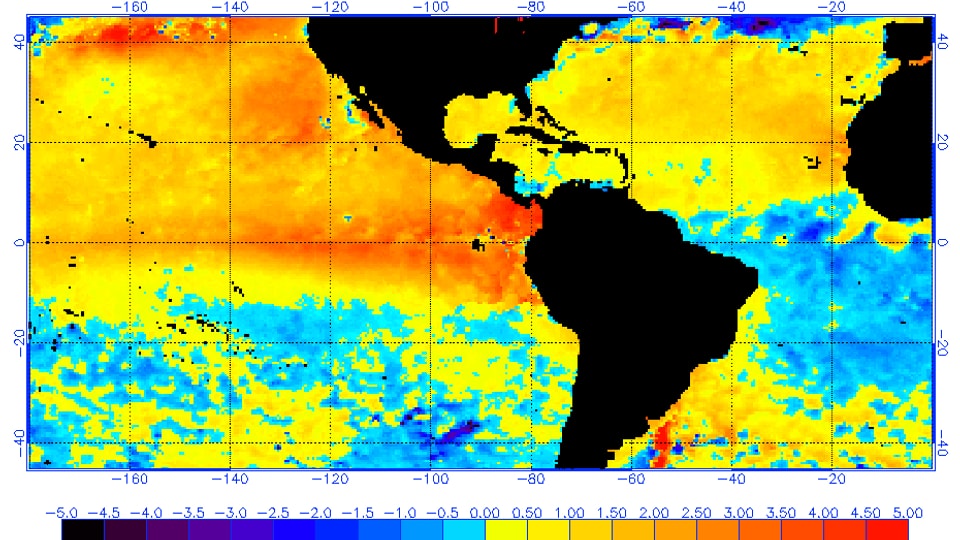 Blick auf den Pazifik, Mittel- und Südamerika. Grosse Teile des Pazifiks sind rötlich eingefärbt, dies bedeutet, das Meer an dieser Stelle ist aussergewöhnlich warm.