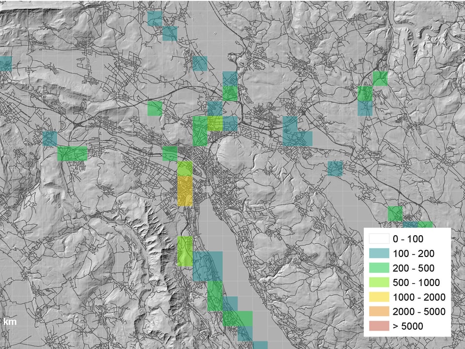 Stand 2006: Wie viele Personen pro Quadratkilometer in der Zürich und Umgebung damals Bahnlärm von über 60 db(A) ausgesetzt waren, zeigt diese Darstellung.