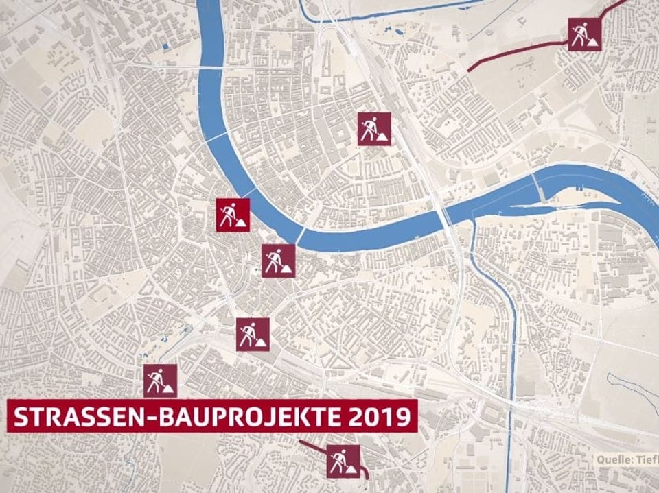 Stadtkarte von Basel mit sieben Baustellen-Zeichen.