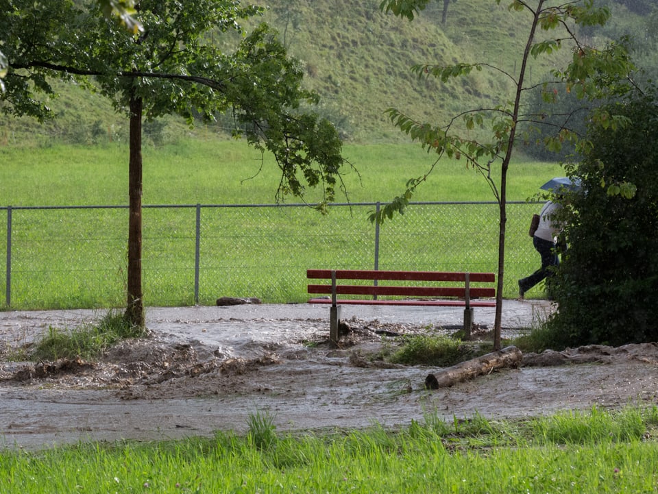 Wiese mit Weg und Bank. Alles von braunem Dreckwasser überflutet. DasWasser verwandelt den Weg in einen Strom. 