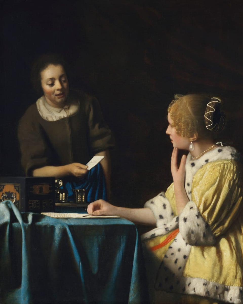 Gemälde, das zwei Frauen an einem Tische sitzend zeigt.