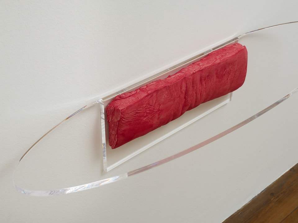 Ein roter Gummi in einem Plexiglas-Gestellt hängt an der Wand.