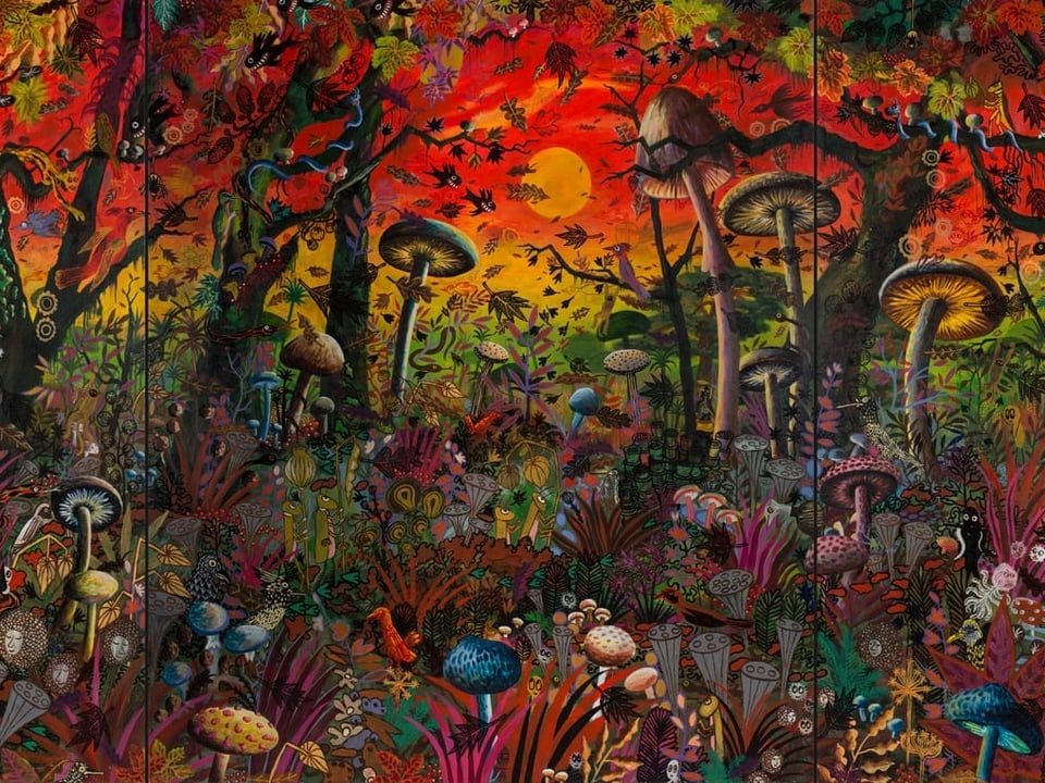 Farbiges Bild mit Pilzen, Bäumen und anderen Pflanzen