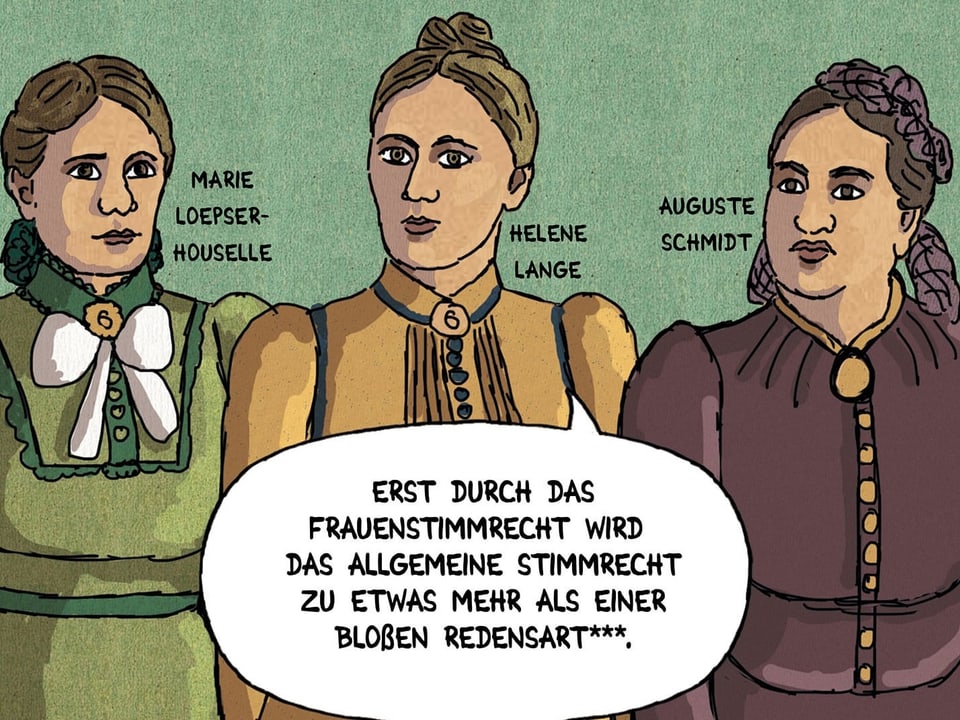 Ausschnitt aus einem Comic: drei Frauen mit bunten Kleidern.