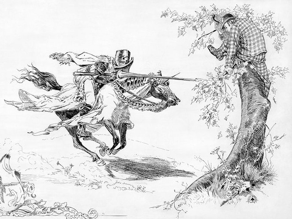 Auf dieser Zeichnung reitet ein Ritter mit Lanze auf einen Mann im Tweed-Anzug zu, der sich auf einen Baum flüchtet.