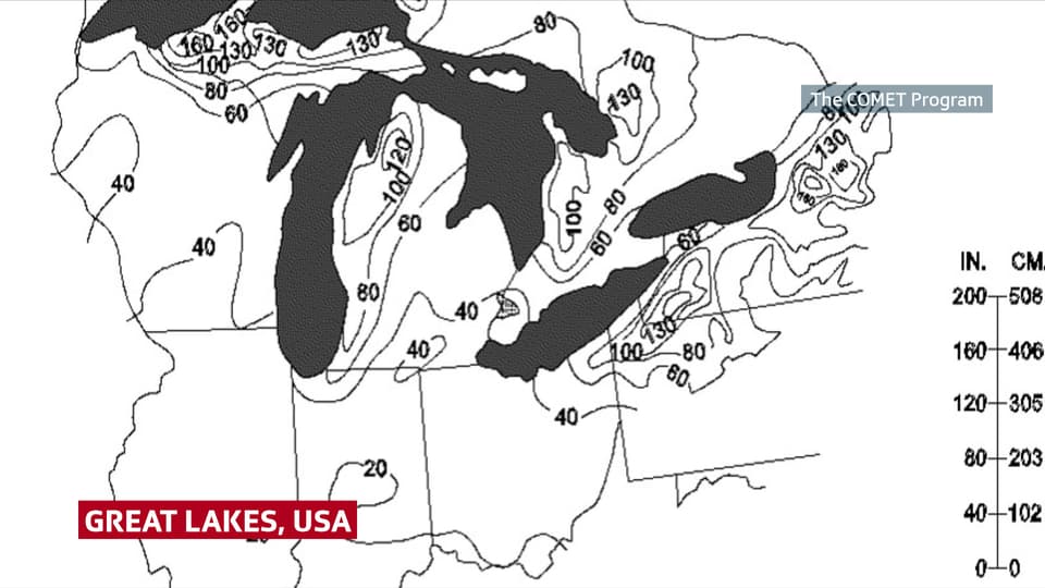 Auf einer Karte sind die jährlichen Schneemengen um die Great Lakes in den USA eingezeichnet.