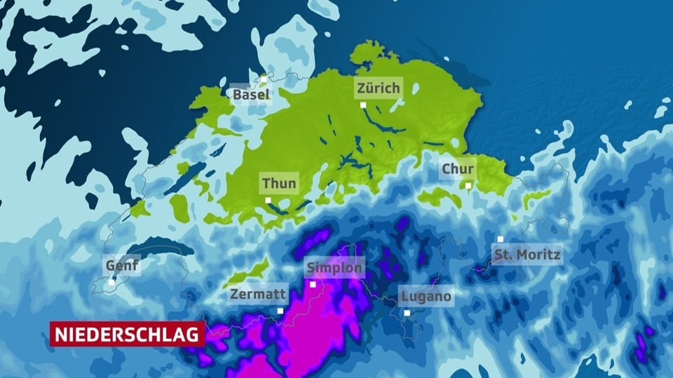 Symbolbild: Niederschlagskarte mit Schwerpunkt bei Visperntälern und Simplonregion