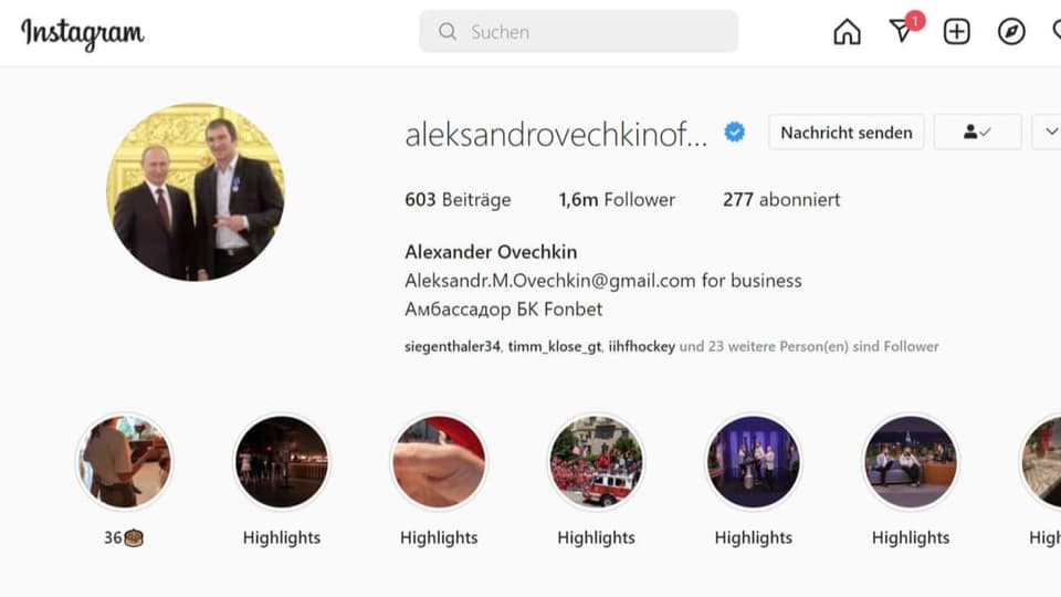 Das Instragram-Profil von Alexander Owetschkin.