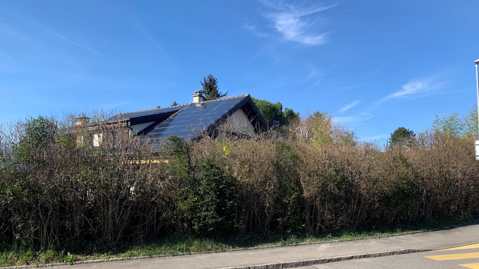 Ein Haus mit Solarpanels steht hinter Büschen.